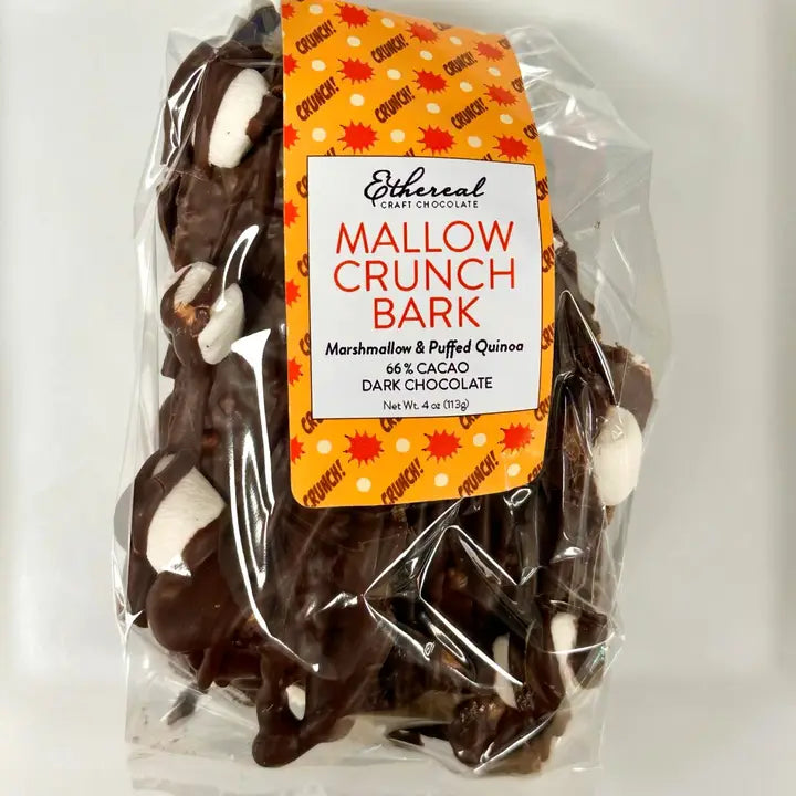 Vegan and Dairy Free Mallow Crunch Bark package with a visible label on a white background