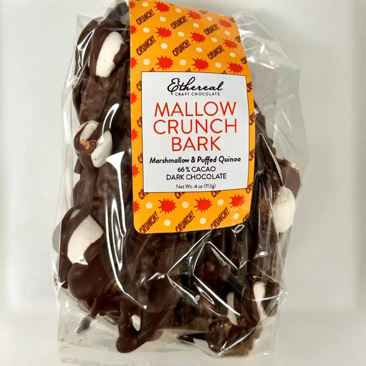 Vegan and Dairy Free Mallow Crunch Bark package with a visible label on a white background