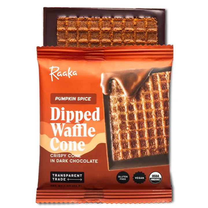Raaka Vegan/dairy free Pumpkin Spice Dipped Waffle Cone packaging on a white background, has a gluten free icon.