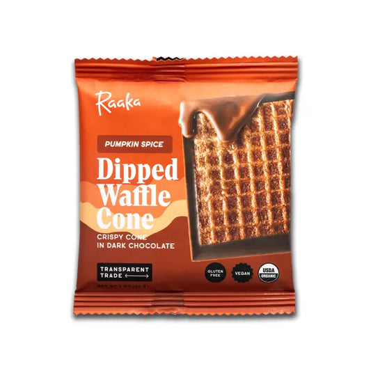 Raaka Vegan/Dairy Free/Gluten Free Pumpkin Spice Dipped Waffle Cone packaging on a white background